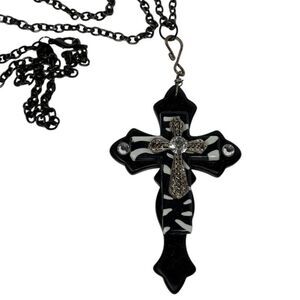 Y2K Long Cross Necklace Zebra Print Black and White